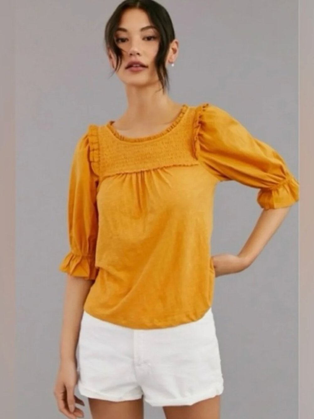 Anthropologie Puff Half-Sleeve Smocked Cotton Flowy Pullover Blouse Yellow, sz M